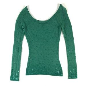 Bebe Vert Green Cascade Sequin Mohair Off-The Shoulder Sweater Top